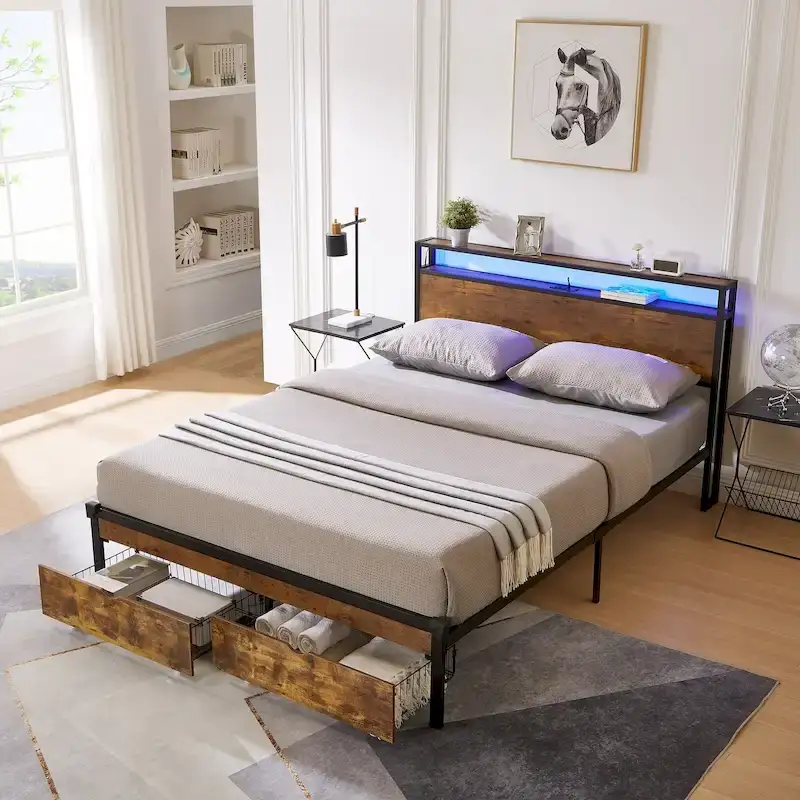King Size Metal Platform Bed with LED Lights,Wooden Headboard and Two Drawers for Bedroom