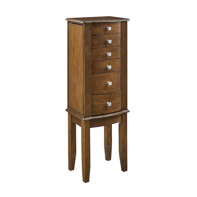 Brown Walnut Jewelry Armoire with 6 Drawers, Flip-Top Mirror & Side Hooks