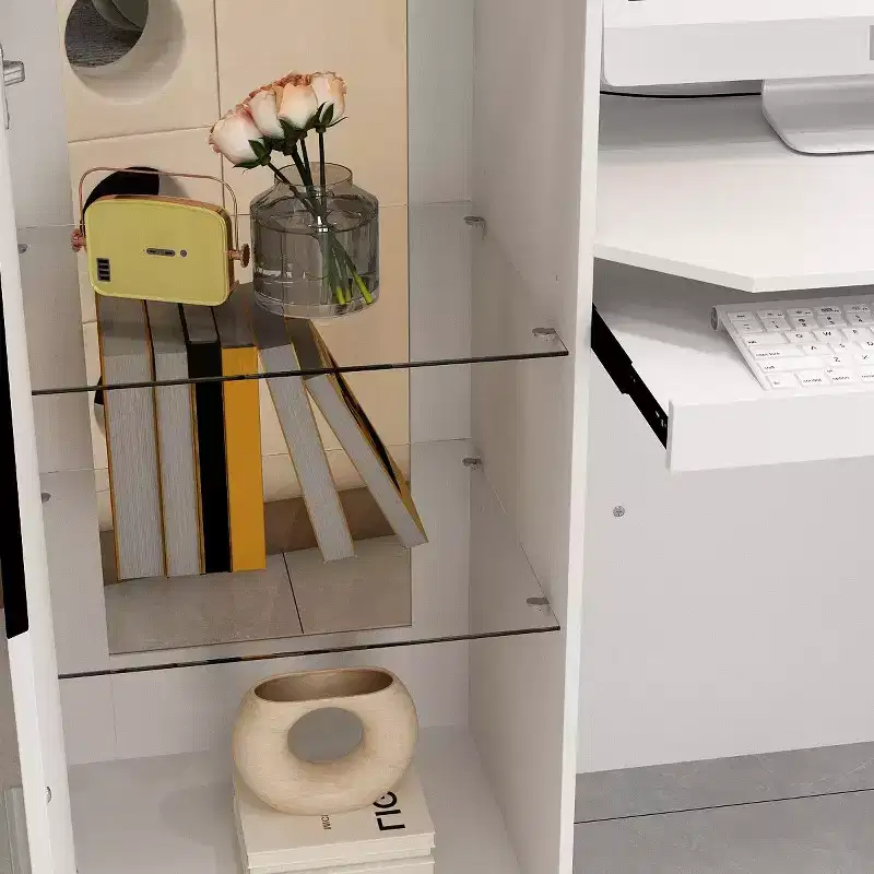 White Reception Desk Counter Table with Glass Display Shelves and LED