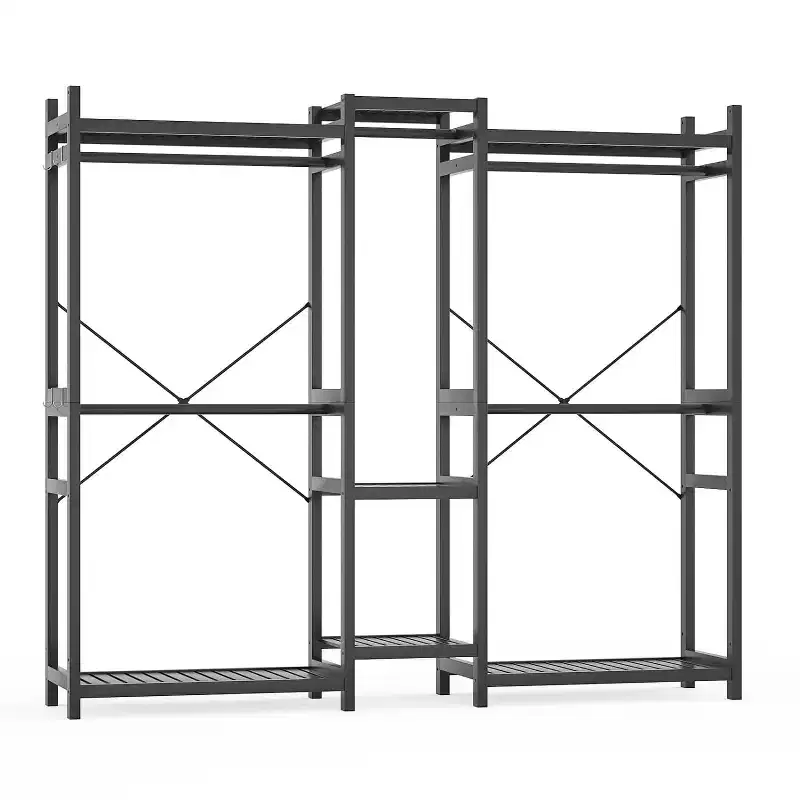 70-In Bamboo Garment Rack with 5 Hanging Rods, Freestanding Closet System with Shelves - Black