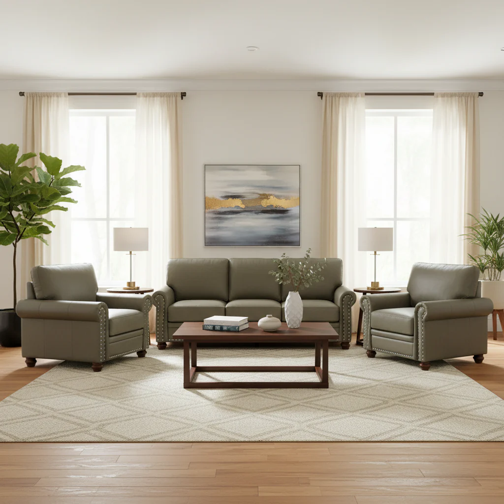 Living Room PU Sofa Set with Storage Sofa, 1+2+3 Sectional with Silver Nails and Solid Wood Legs