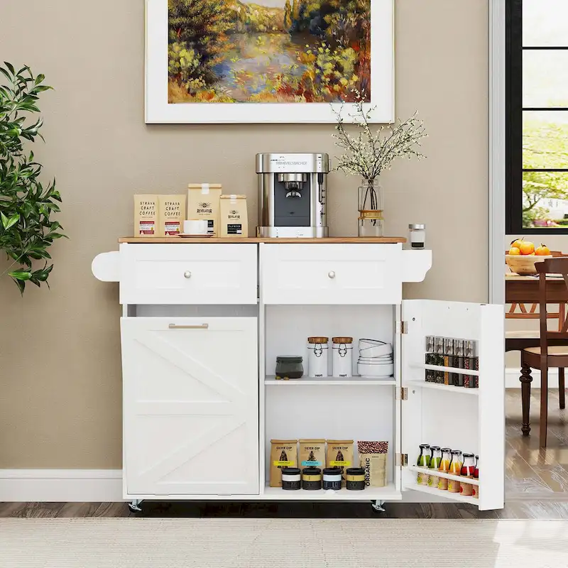 Drop-Leaf Rolling Kitchen Island Cart with Trash Cabinet & Storage – Black / White, Single
