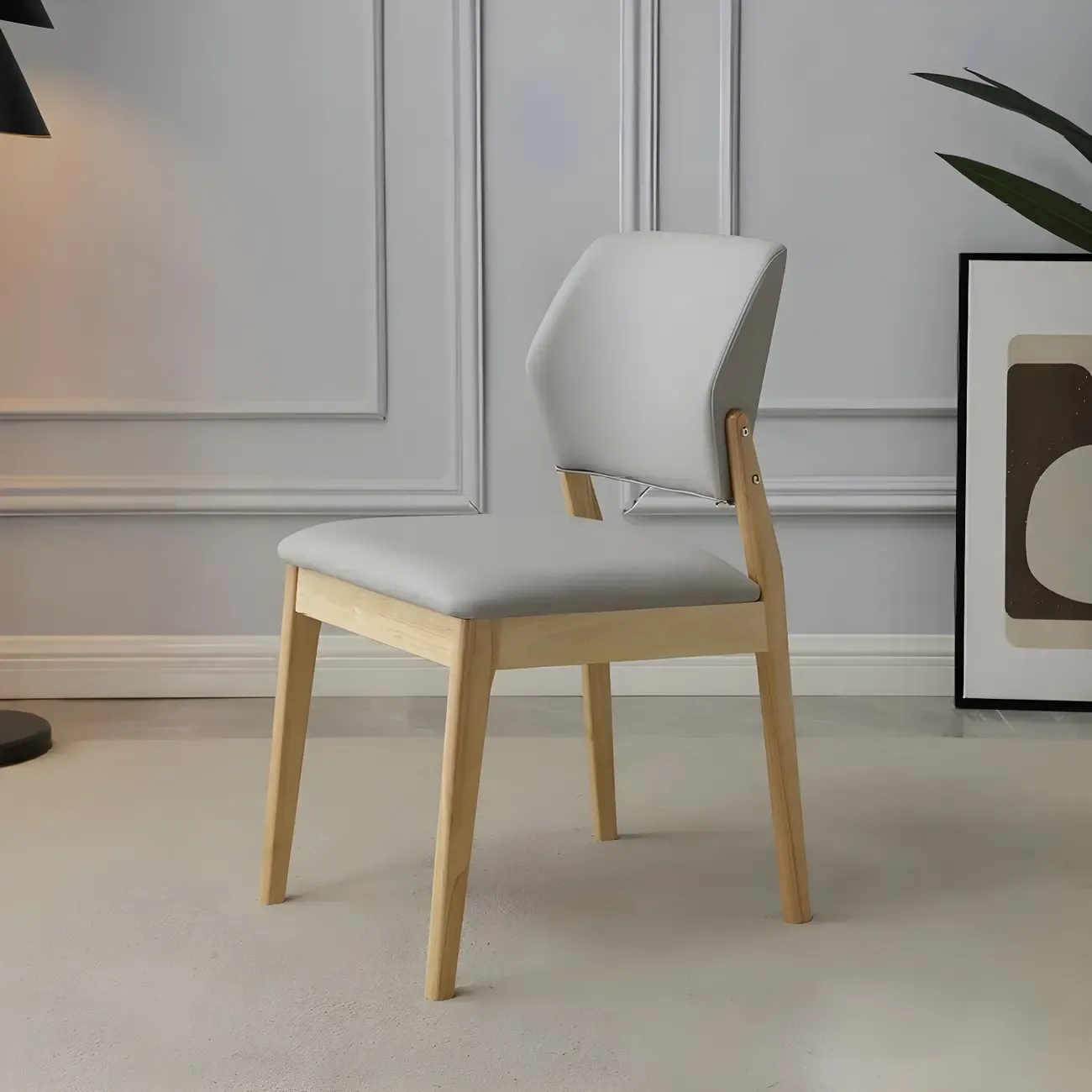 Modern Wood Faux Leather Beige Low Back Dining Chair