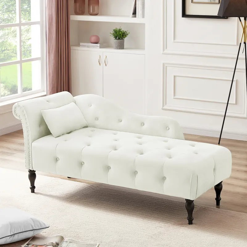 Modern 60.6  Velvet Upholstered Buttons Tufted Chaise Lounge Chair with Solid Wood Legs and Nailheads
