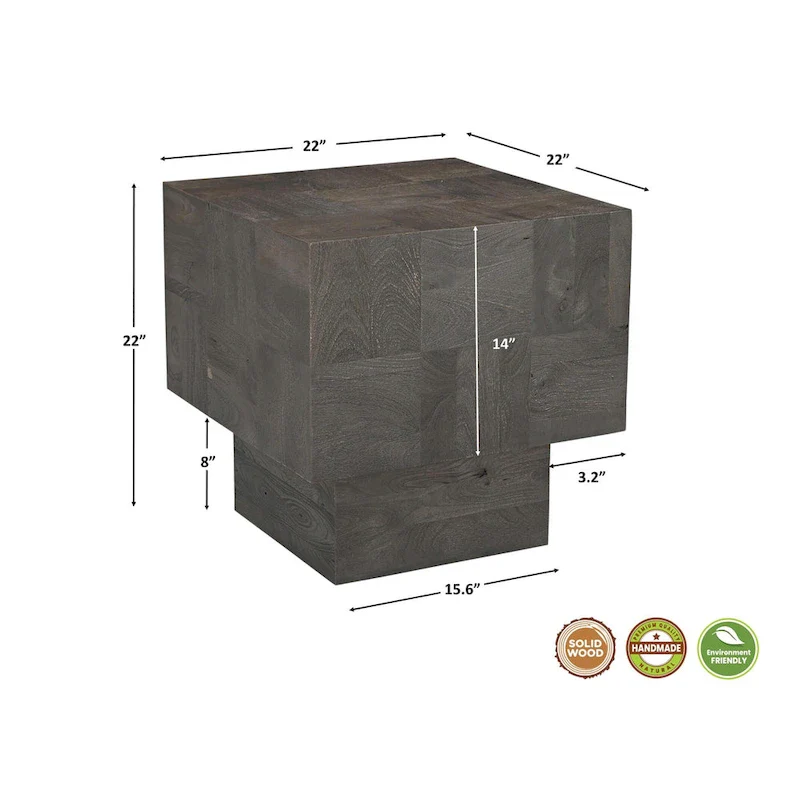 Modern Handcrafted Solid Mango Wood Side Table with Neutral Finish, Clean Lines for Living Room