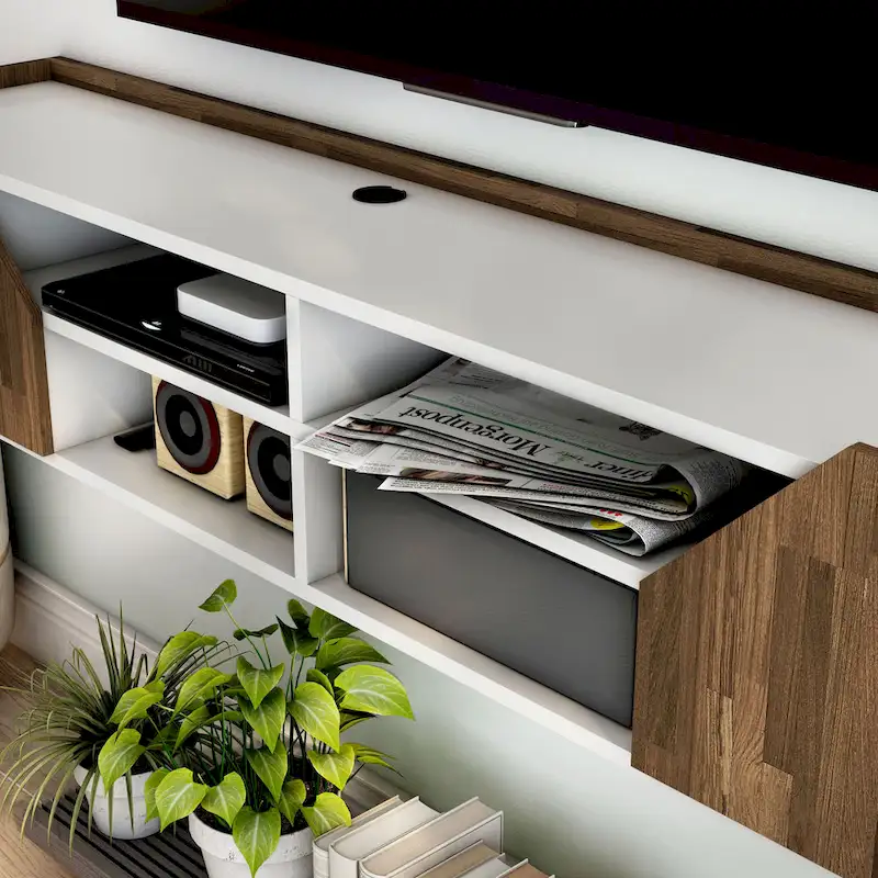61-Inch Two-Tone White Floating TV Stand with 4 Shelves, Transitional Style Media Console