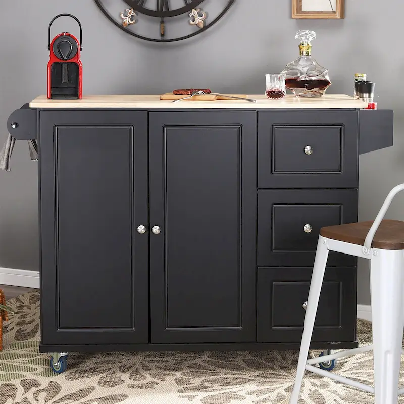Kitchen Island Cart with Drop-Leaf and Rubber Wood Top, Rolling Kitchen Trolley Cart Cabinet