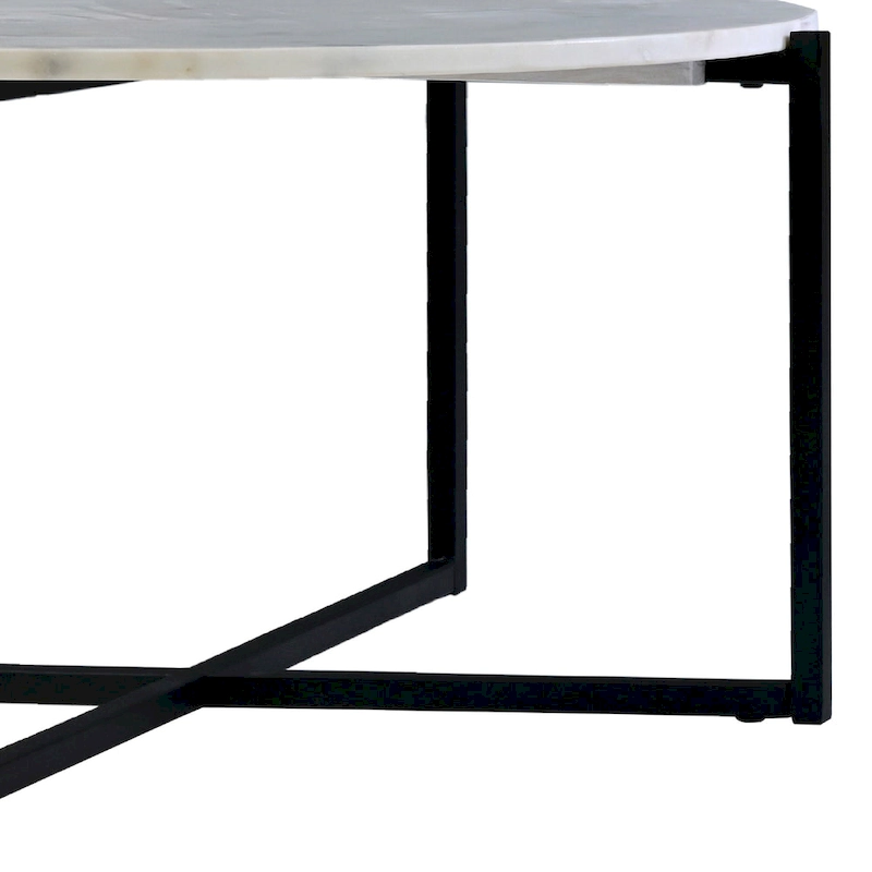 Ivy 30 Inch Marble Top Round Coffee Table with Metal Frame, White and Black