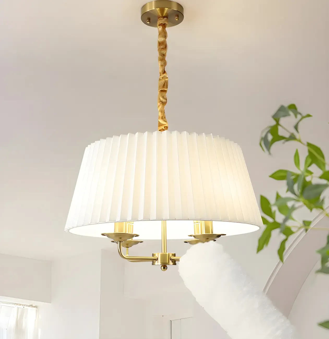 Modern Gold White Pleated Drum Chandelier Adjustable Height