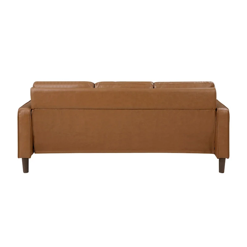 77 Inch Sofa, Brown Faux Leather, Track Style Arms, Solid Wood Frame
