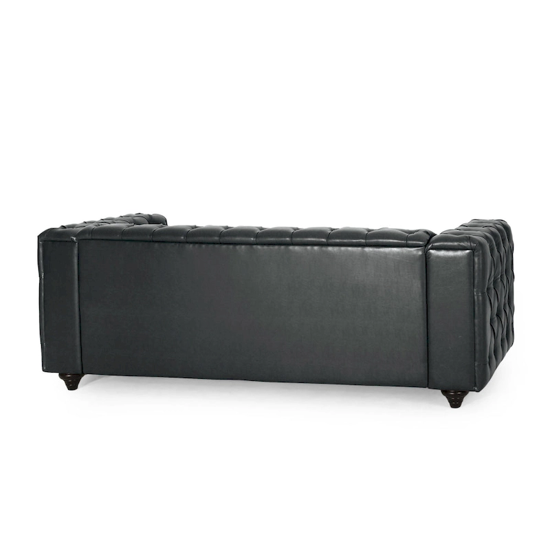 Black Modern 83.5 Faux Leather Button Tufted 3-Seater Sofa with Wood Legs