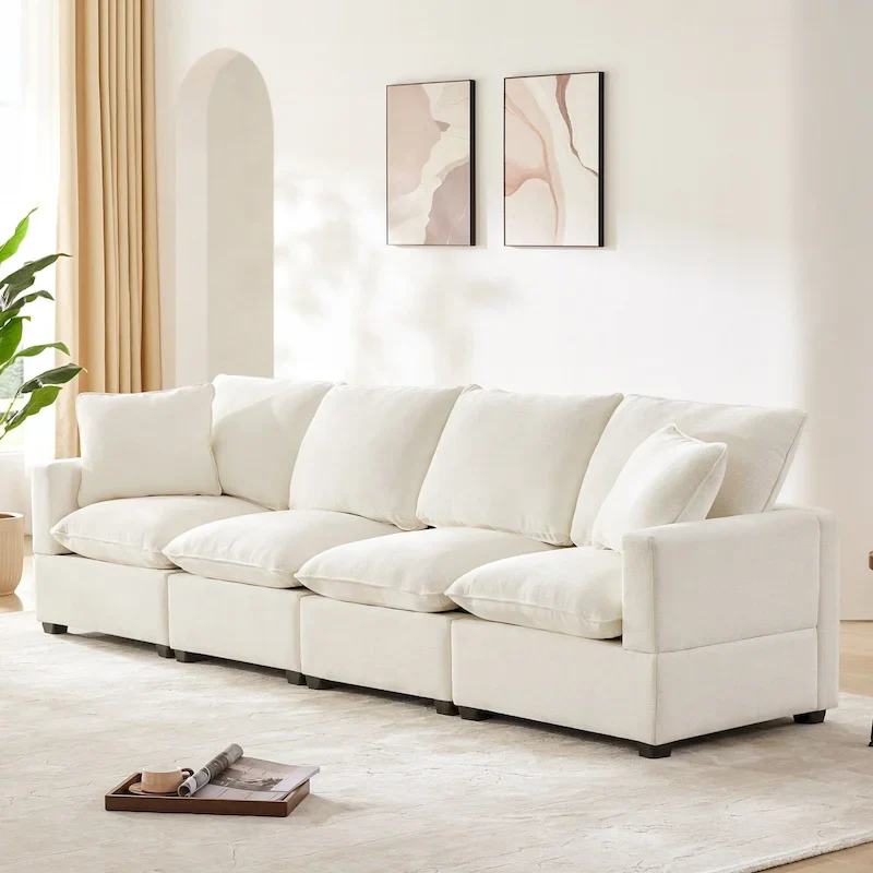 White 84 Modular Chlle 4-Seat Sectional Sofa Set with Removable Cushions and 2 Pillows, Perfect for Small Spaces