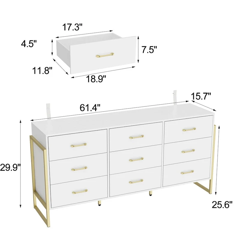 Versatile 9-Drawer Dresser - Sleek Black & Gold, Premium Quality Chest