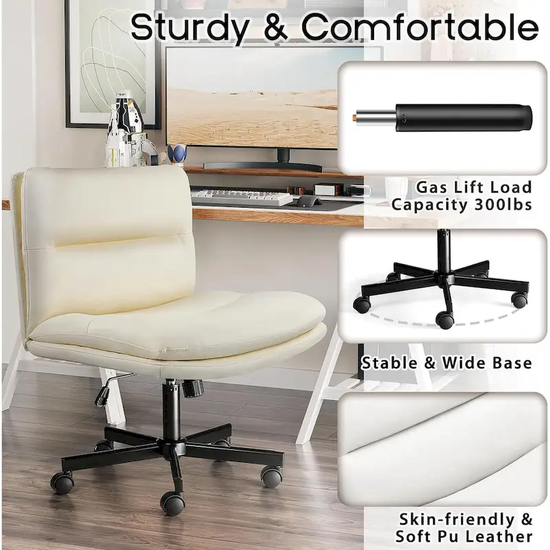 Bossin Criss Cross Chair with Wheels,PU Leather Armless Cross Legged Office chair, Adjustable Wide Seat Task Vanity Chair