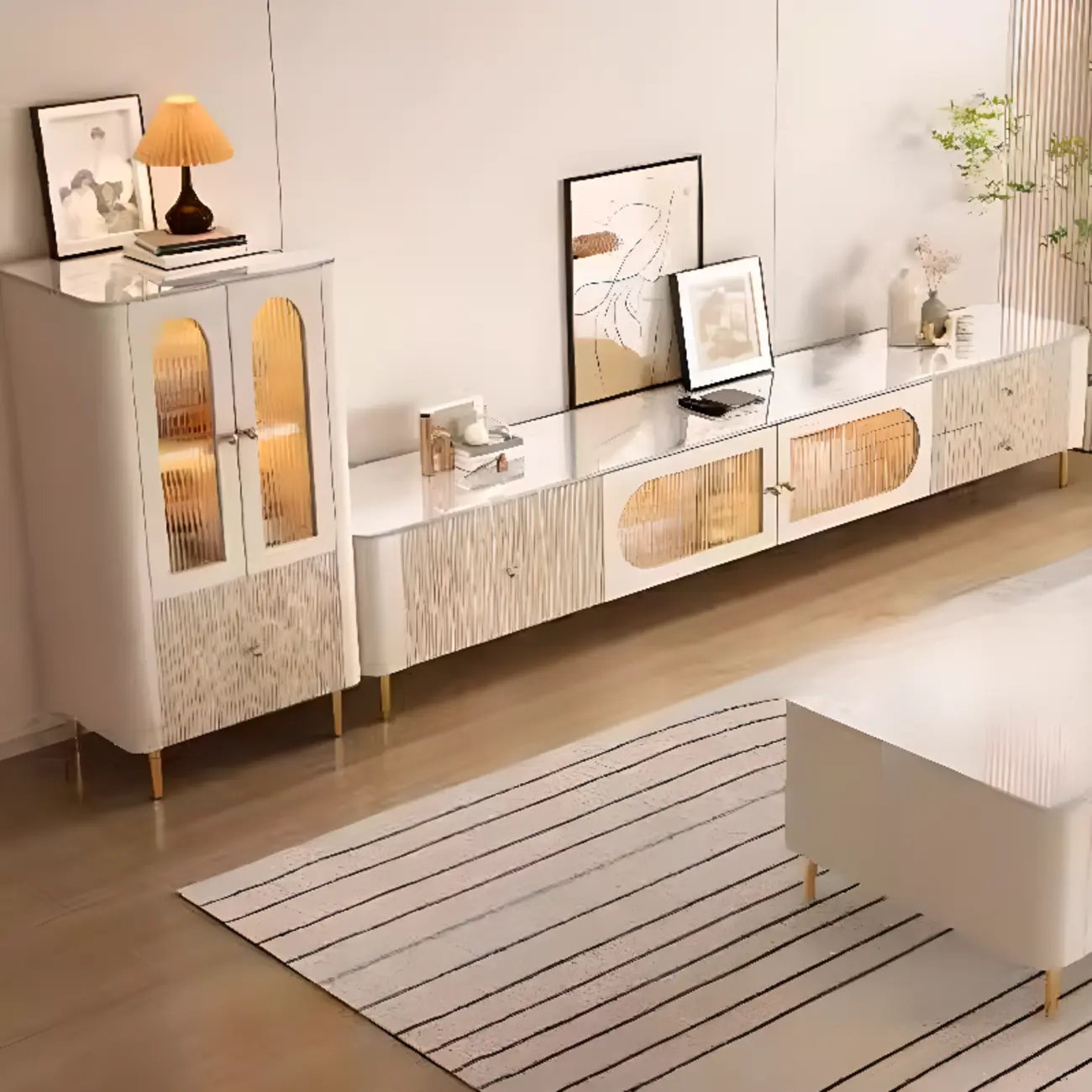 White Modern Marble Long TV Stand with Shelf