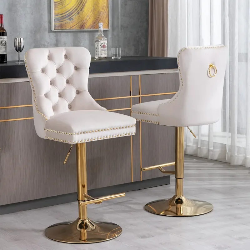Thick Gold Velvet Swivel Bar Stool Adjustable Height Backrest