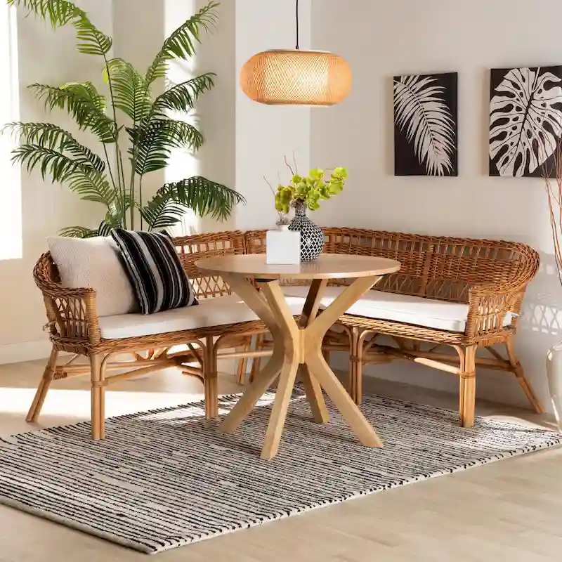 bali & pari Nella Modern Bohemian Natural Brown Rattan 2-Piece Dining Nook Banquette Set