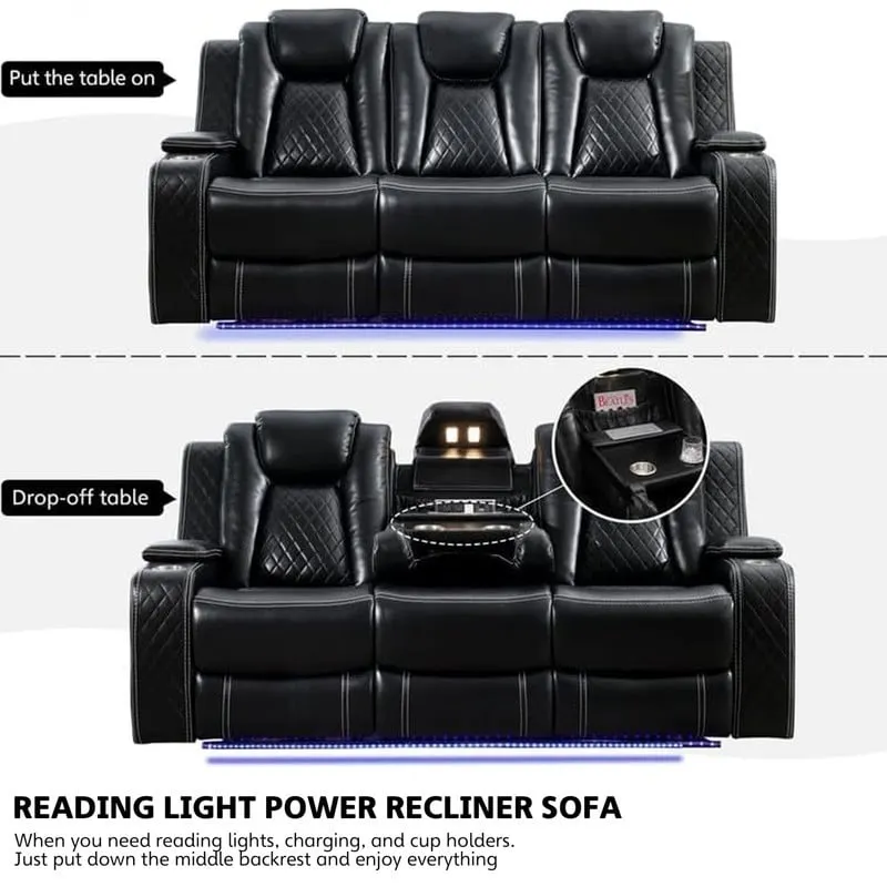 Power Reclining Sofa with Wireless Charger & LED Light – Faux Leather, Black