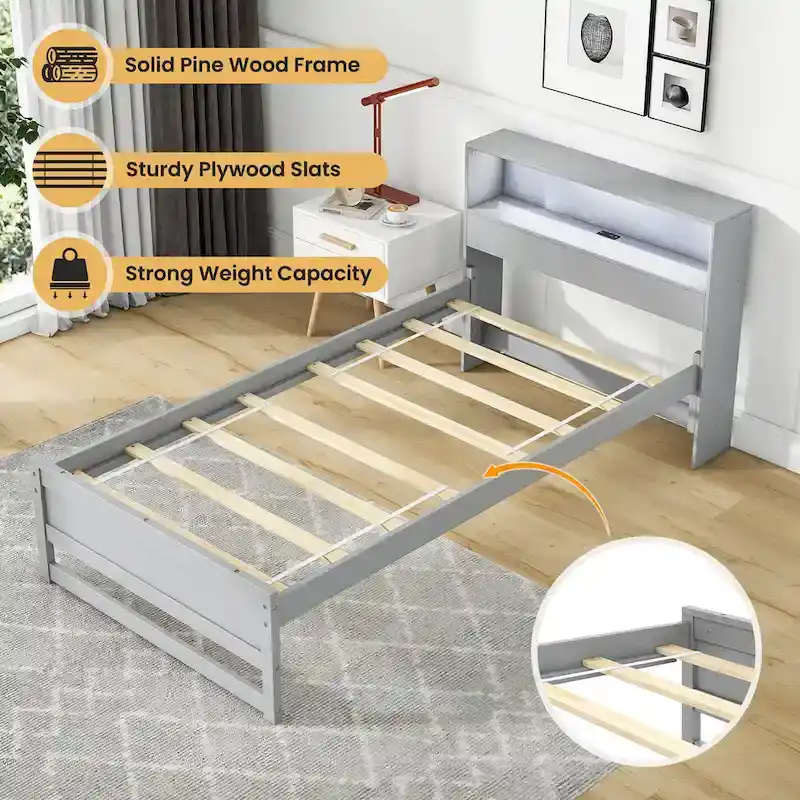 Single Wooden Bed Frame (with Charging Station and LED Lights)