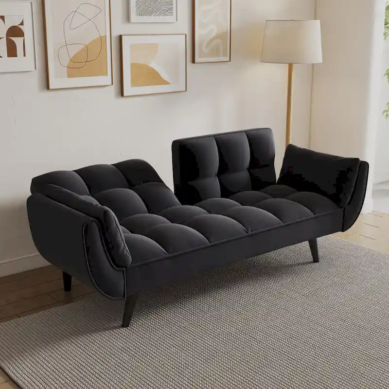 Black 57 Convertible Loveseat Sofa Bed with Adjustable Backrest, Pillows