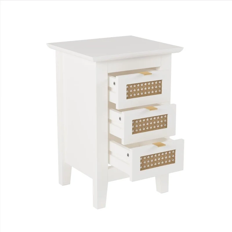 Wooden Nightstands Set of 2 with Rattan-Woven Surfaces and Three Drawers