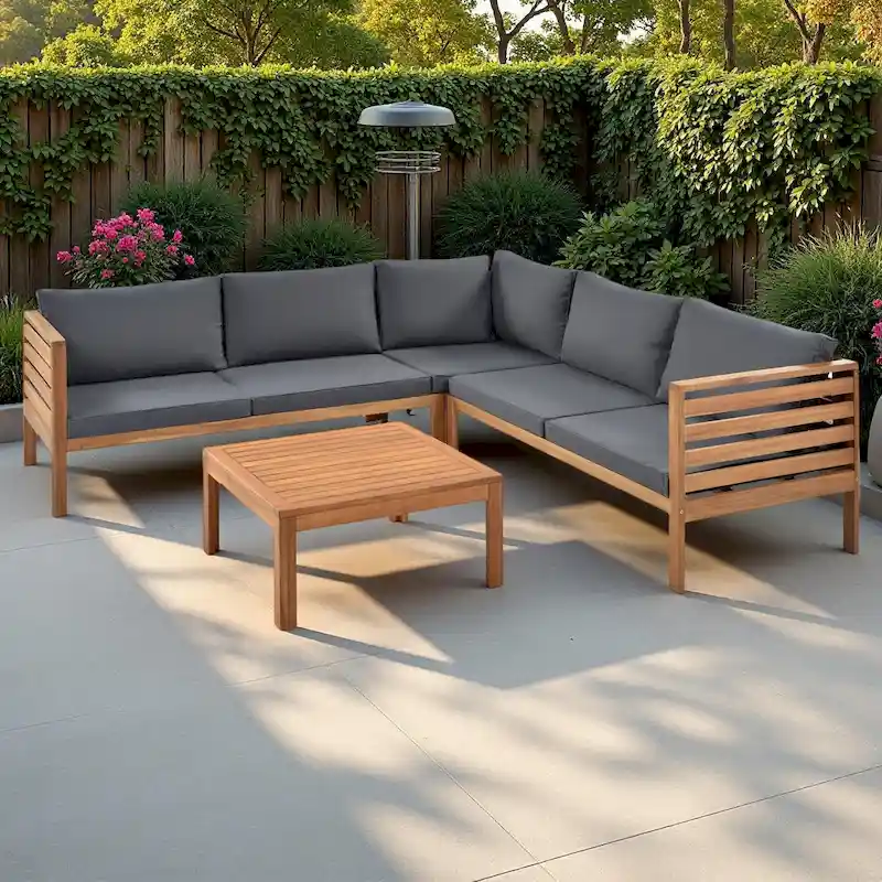 4-Pieces Outdoor Acacia Wood L-Shaped Sectional Sofa Set with Coffee Table