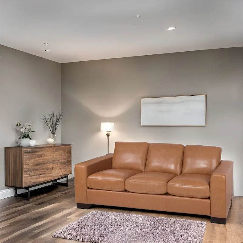 Genuine Leather Square Arm Sofa, Tan, Goose Feather Cushions, Block Legs, Seats 3