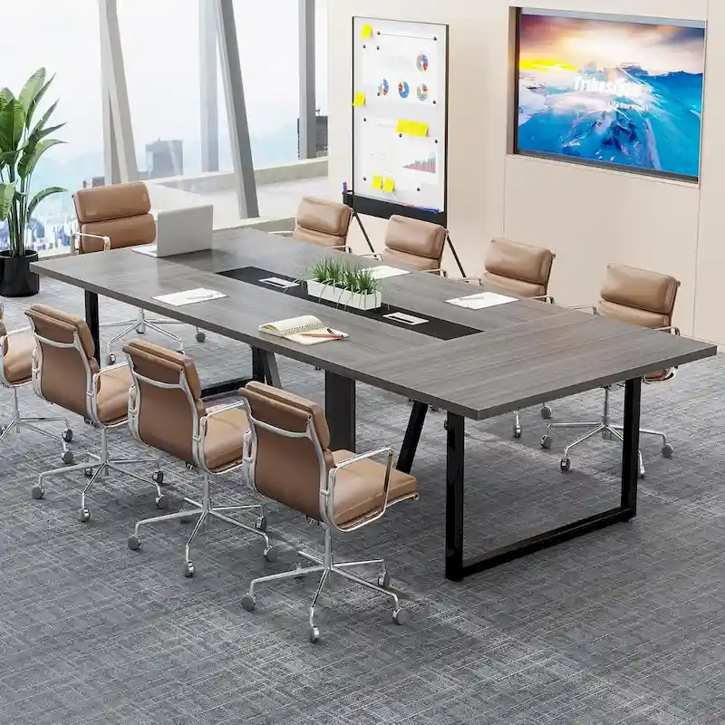 Large Rectangular Conference Table with Cable Management – Brown / Grey, Seats 8–10