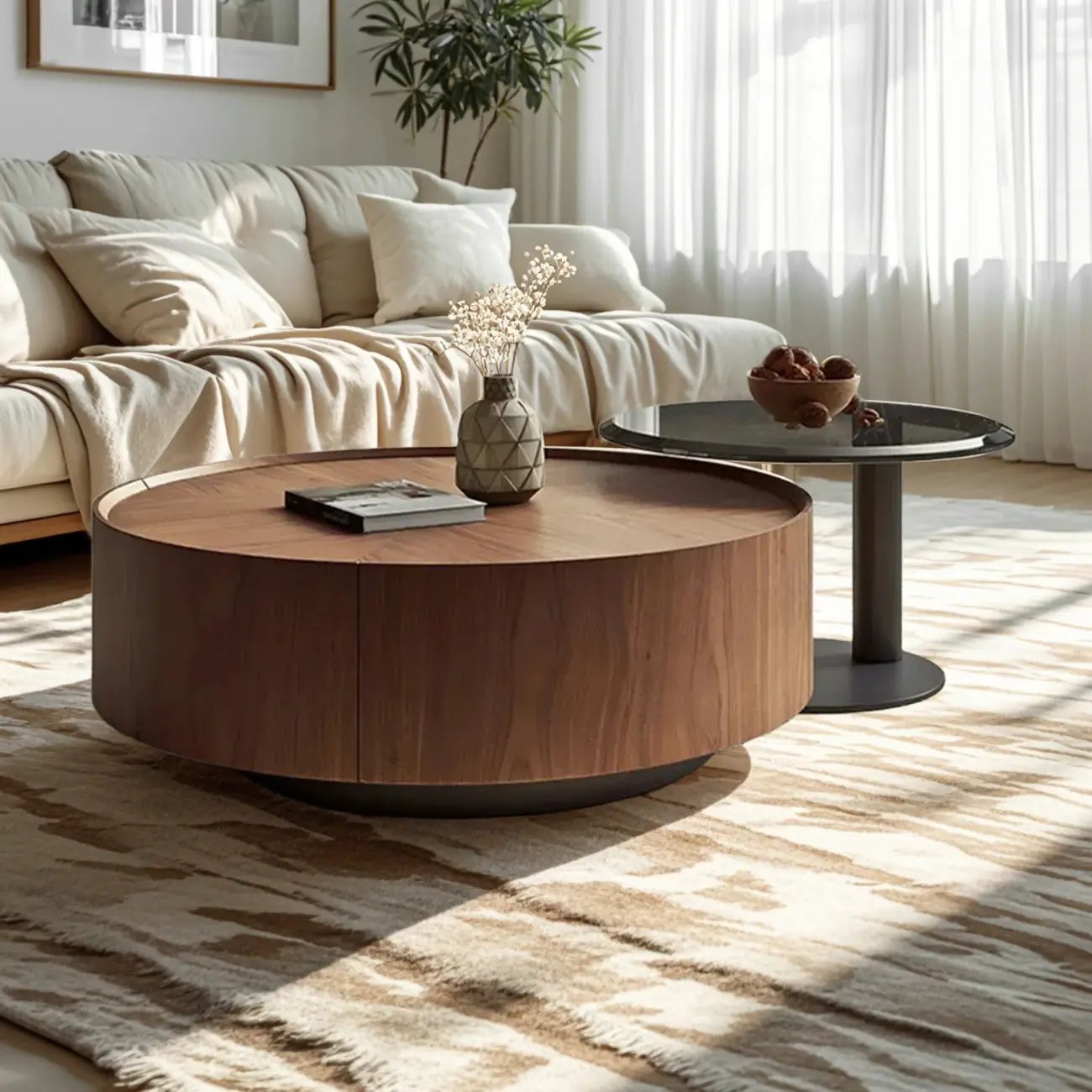 Modern Wooden Brown Round Nesting Coffee Table