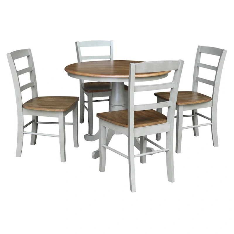 International Concepts Solid Wood 36 Round Pedestal Dining Table with 4 Madrid Ladderback Chairs