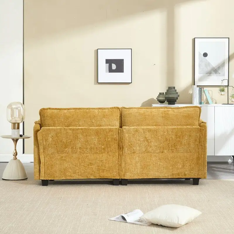 76.77  Chenille Upholstered Sofa with 2 Ottomans
