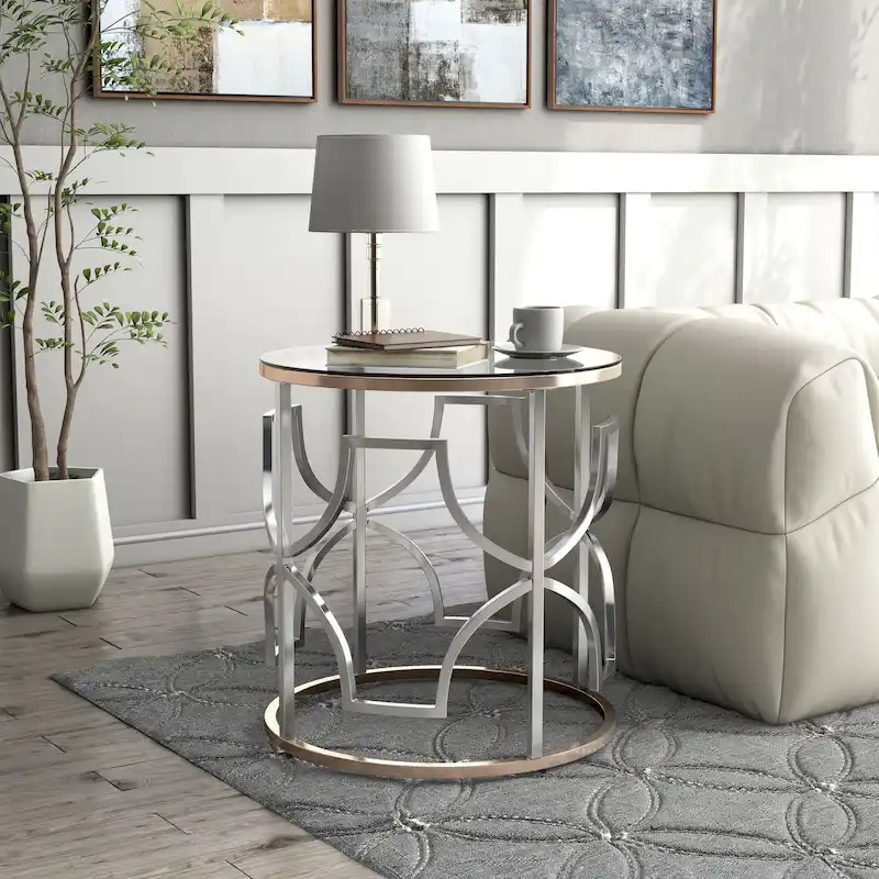 DH BASIC Modern Style Chrome and Gold Round Open End Table by Denhour