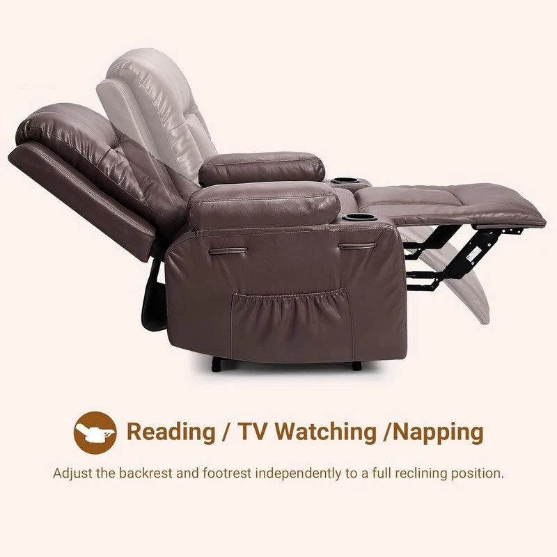 Power lift recliner chair with massage, cup holders, and side pocket.