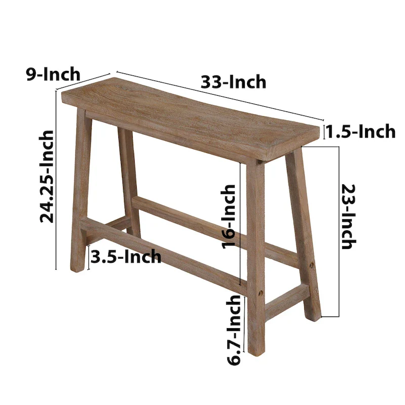 33 Inch Saddle Seat Bench with Angled Frame, Sandblasted Antique Brown Acacia Wood