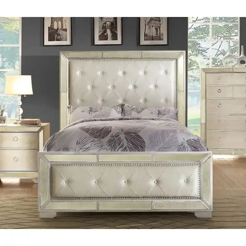 Modern Gold Faux Leather 4-Poster Panel Bed