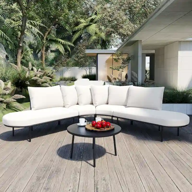 Iron Curved Sectional Sofa Set with Table and Cushions