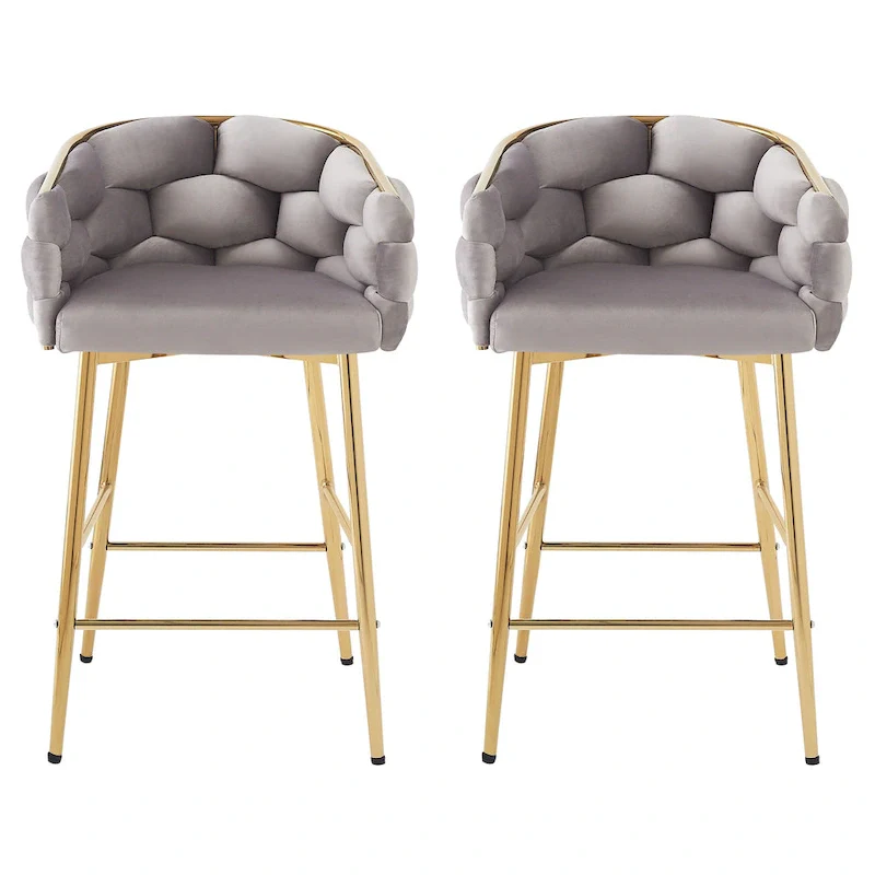 Set of 2 Bar Stools with Velvet Padded Seat and Metal Legs
