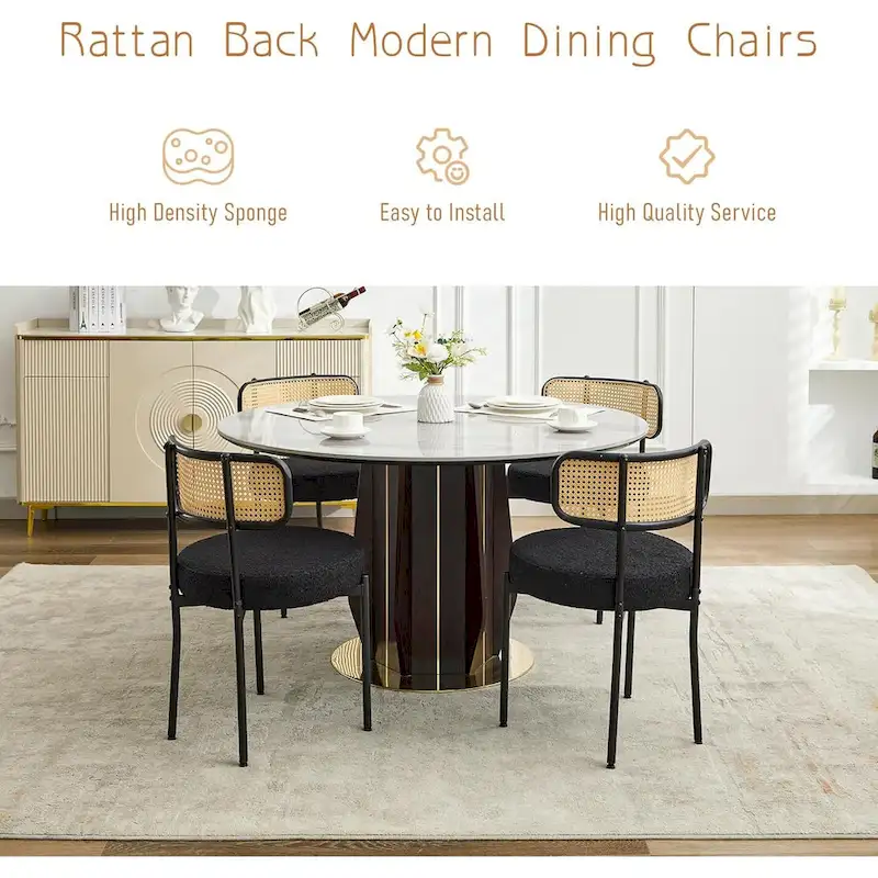 XINMICS Mid-Century Modern Dining Chairs, Boucle Upholstered Metal Side Chair with Rattan Cane Back, Set of 2 - set of 2