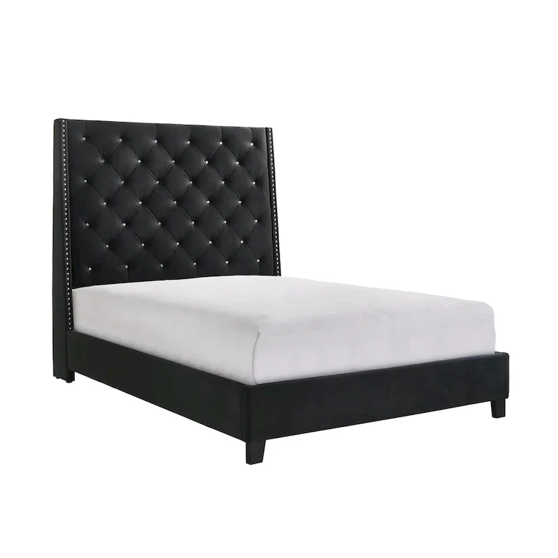 Black Velvet Upholstered Tufted Bed - Modern Design
