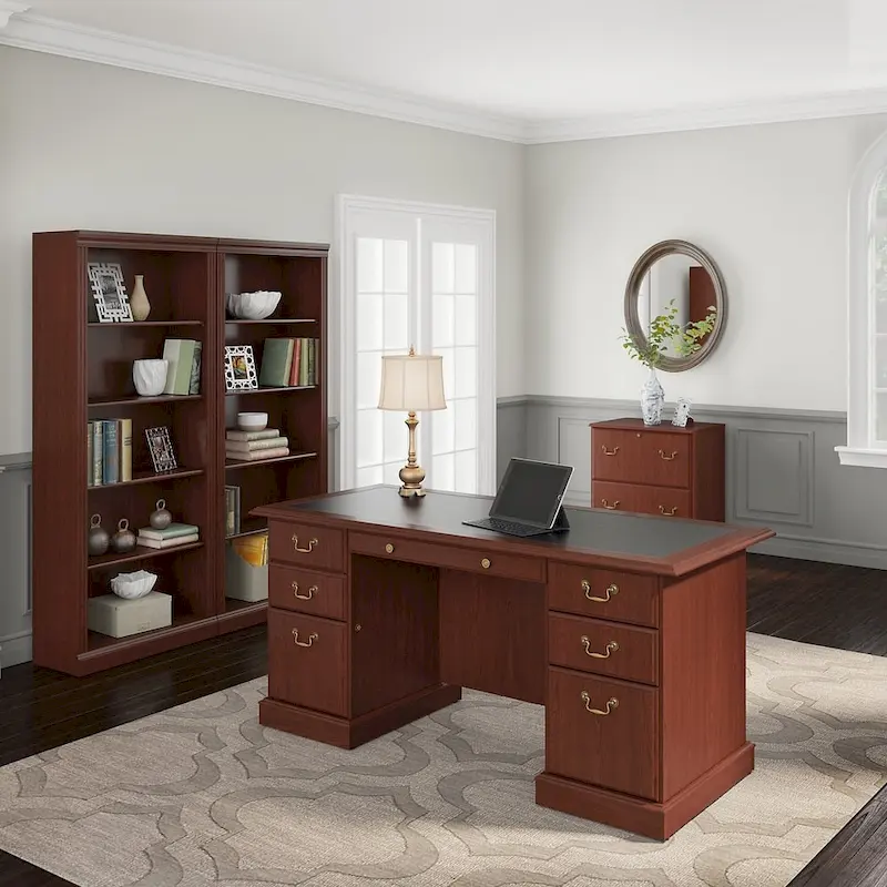 Bush Furniture Saratoga Executive Desk, Lateral File Cabinet and Two 5 Shelf Bookcases in Harvest Cherry