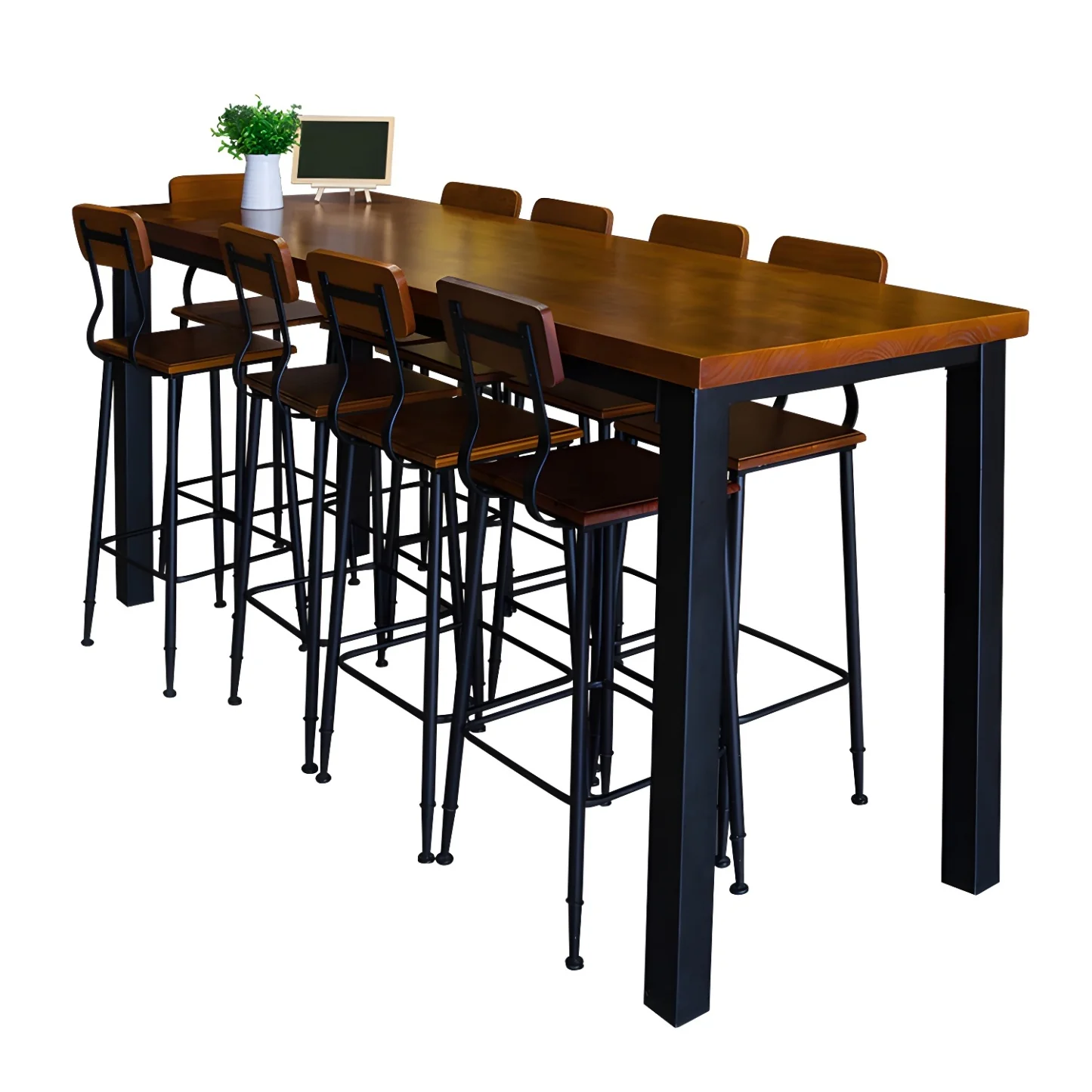 Industrial Brown Wood Black Iron 4-Leg Rectangular Bar Tables