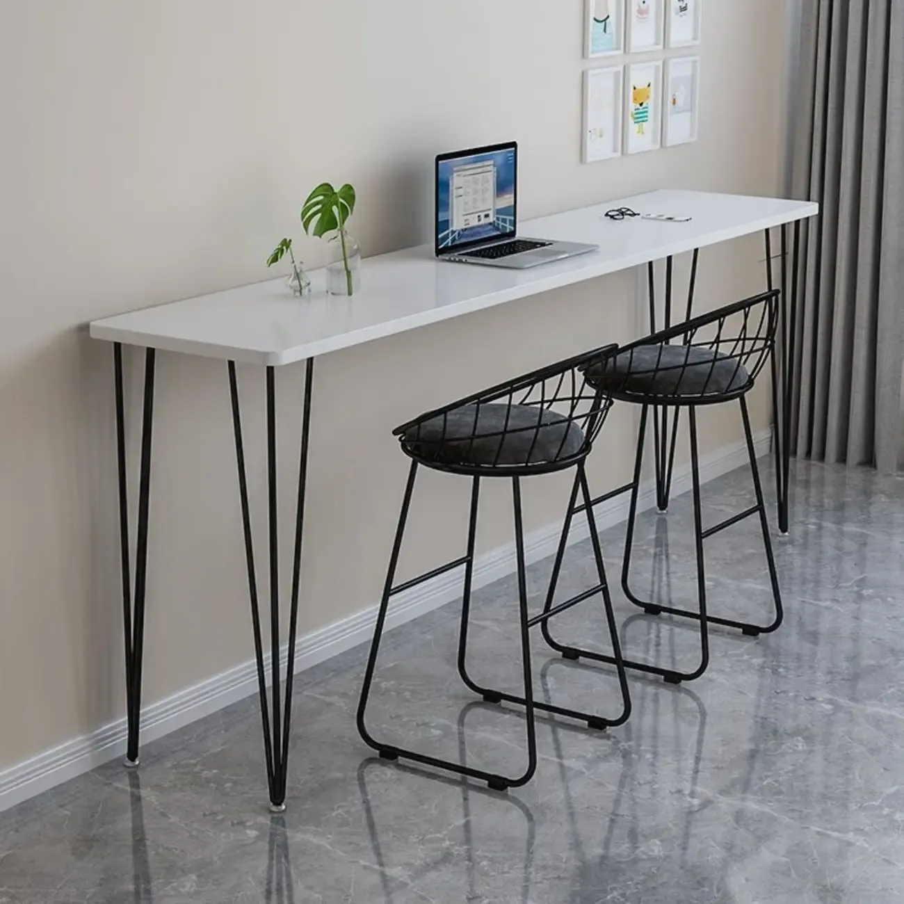 Sleek Modern White Bar Height Table Wood Top Metal Base