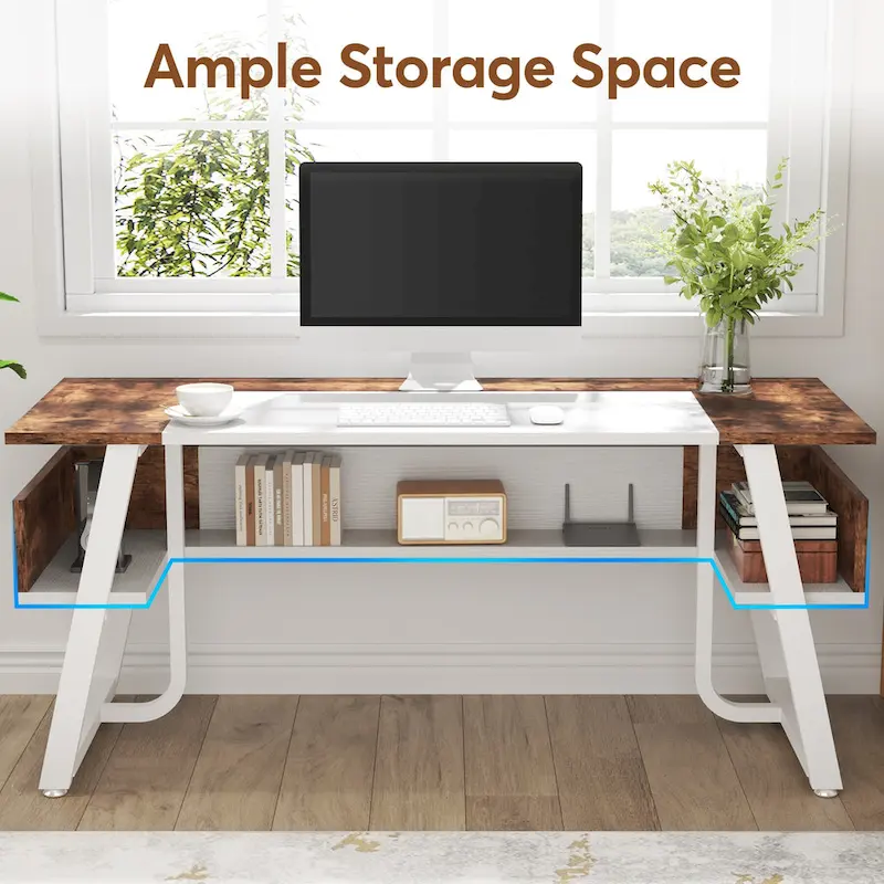 63 Inches Computer Desk with Bottom Shelves, Large Executive Desk