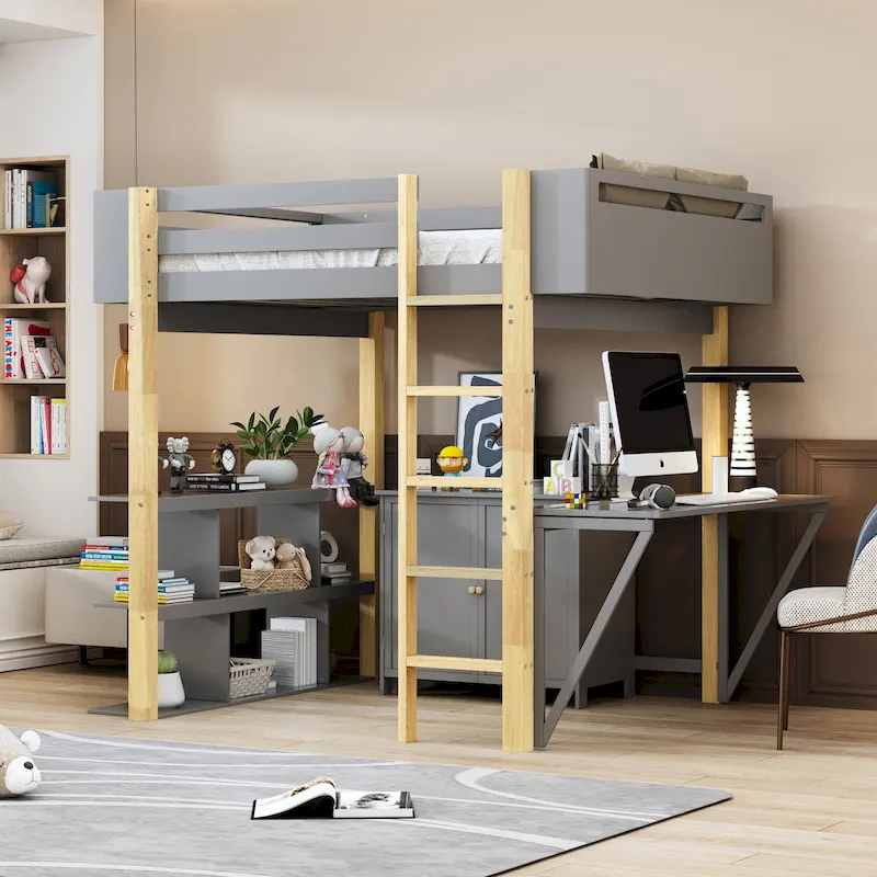 Full Size Wood Loft Bed With Built-in Storage Cabinet and Cubes, Foldable desk, White