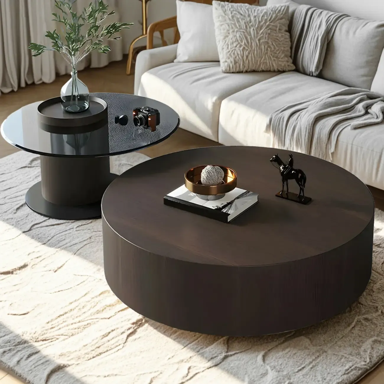 Dark Modern Nesting Round Wood Drawer Coffee Table