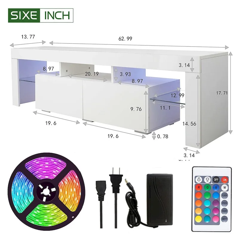 Modern TV Stand up to 70 TV with 2 Drawers & Shelves, LED Lights - 63W x 14D x 18H