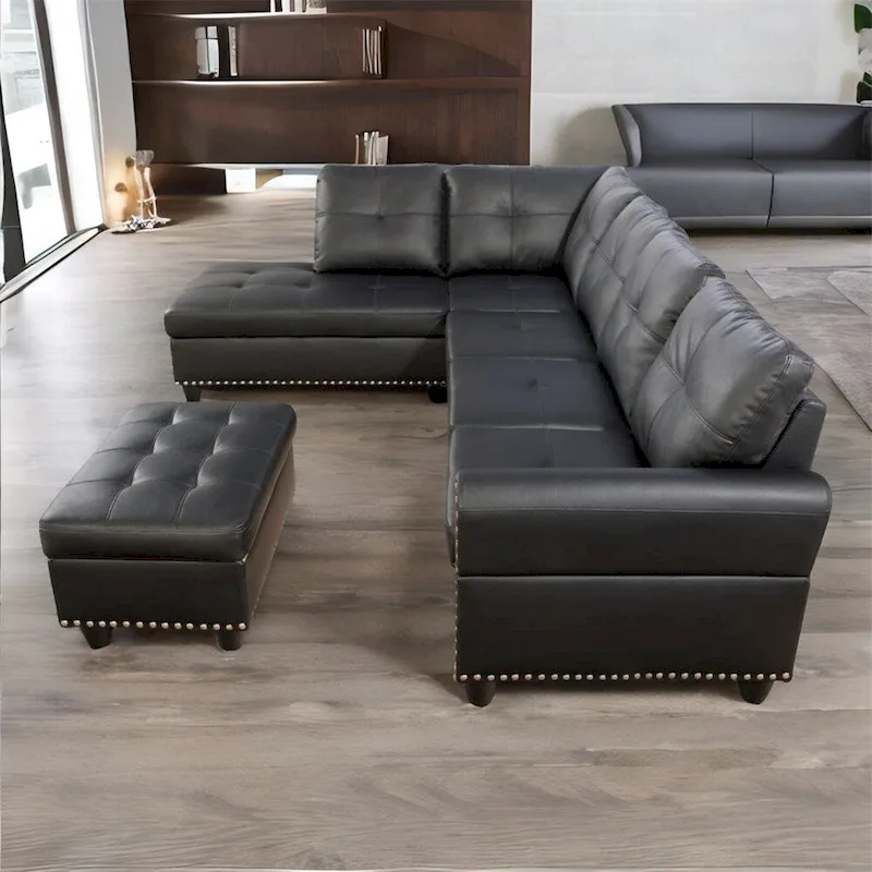 L-shaped Faux Leather Sectional Sofa with Ottoman and Pillows