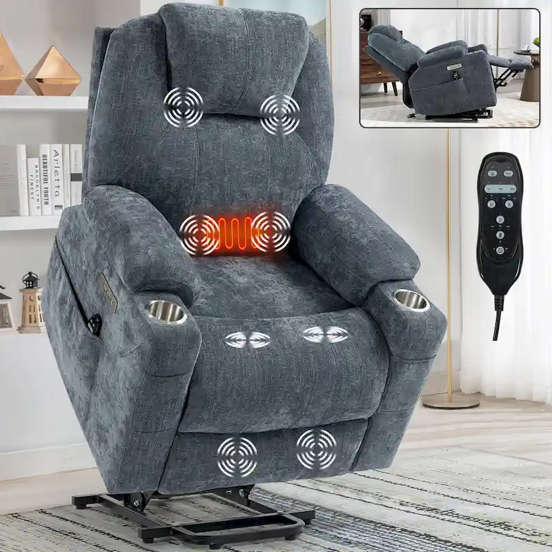 Chenille Power Lift Recliner Chair, Modern Recliner Chair w/8-Point Vibration age, Lumbar Heating and Type-C Ports