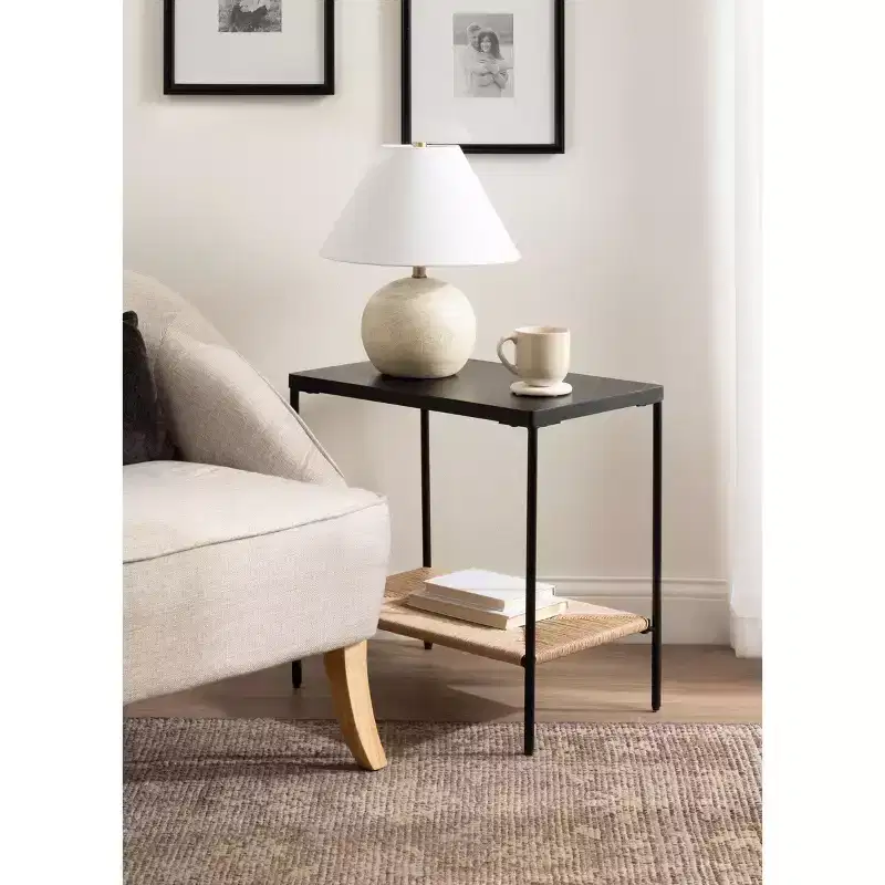 Kate and Laurel Mandell Wood and Natural Woven Side Table, 22x14x22, Natural and Black