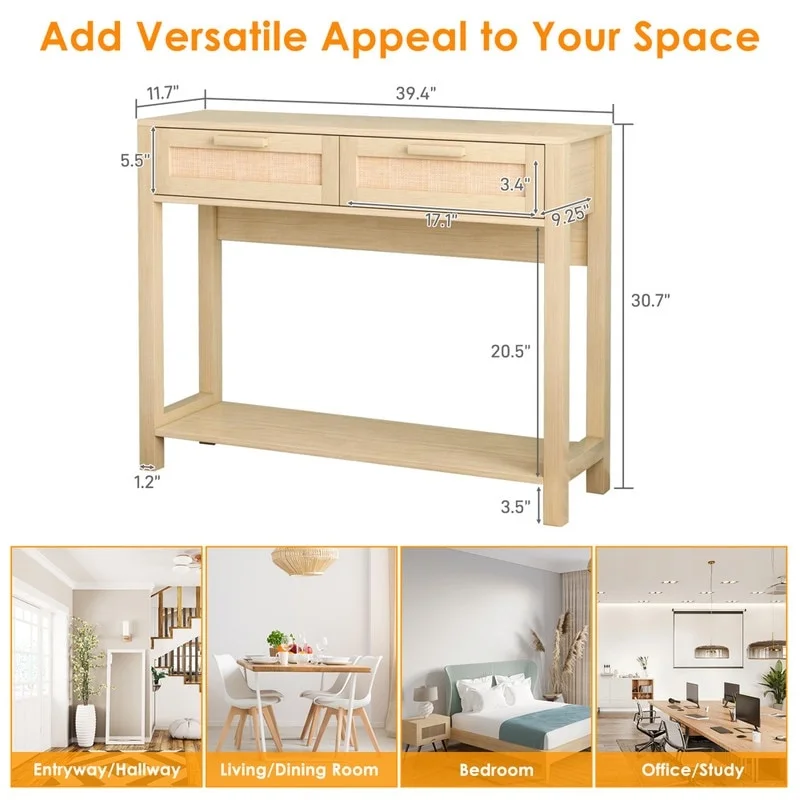 39.4 Rattan Console Table with 2 Drawers Entryway Table